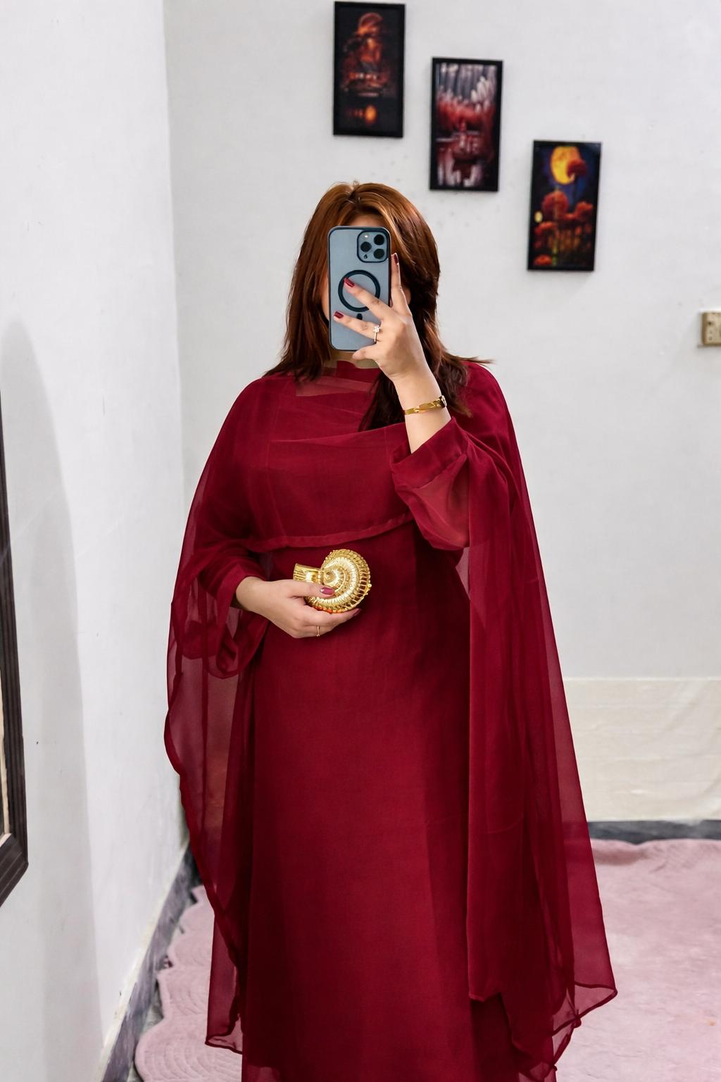 Two Tone Cap Shawl With Long Fitting Body Maxi And Dori Chiffon 2Pcs